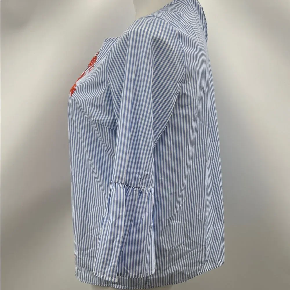 Crown & Ivy Blue Striped Blouse with Orange Floral Design